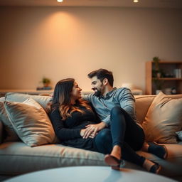 A romantic and intimate scene of a couple on a cozy modern couch, surrounded by soft lighting and plush cushions, engaged in a tender moment