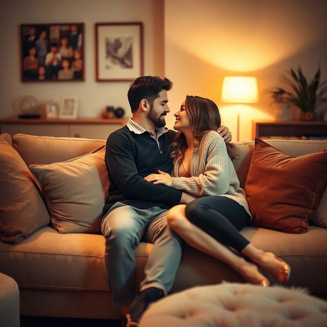 A romantic and intimate scene of a couple on a cozy modern couch, surrounded by soft lighting and plush cushions, engaged in a tender moment