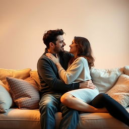 A romantic and intimate scene of a couple on a cozy modern couch, surrounded by soft lighting and plush cushions, engaged in a tender moment