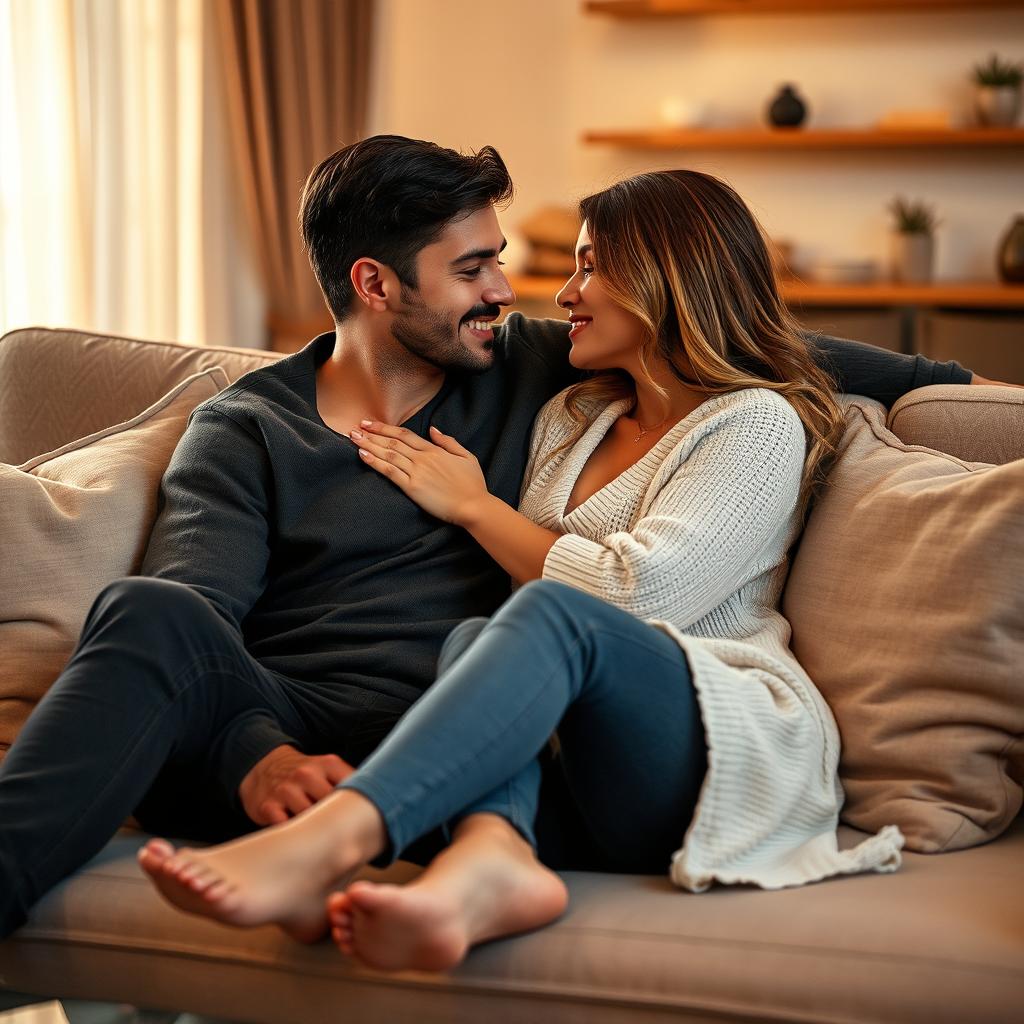 A romantic and intimate scene of a couple on a cozy modern couch, surrounded by soft lighting and plush cushions, engaged in a tender moment