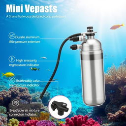 A detailed illustration of a mini scuba tank designed for diving, showcasing its various materials