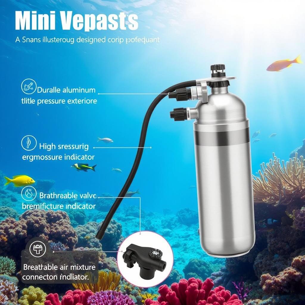 A detailed illustration of a mini scuba tank designed for diving, showcasing its various materials