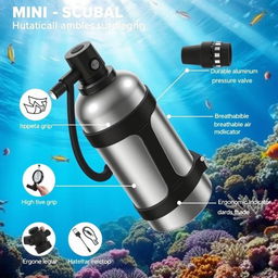 A detailed illustration of a mini scuba tank designed for diving, showcasing its various materials