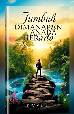 A captivating book cover for a novel titled 'Tumbuh Dimanapun Berada'