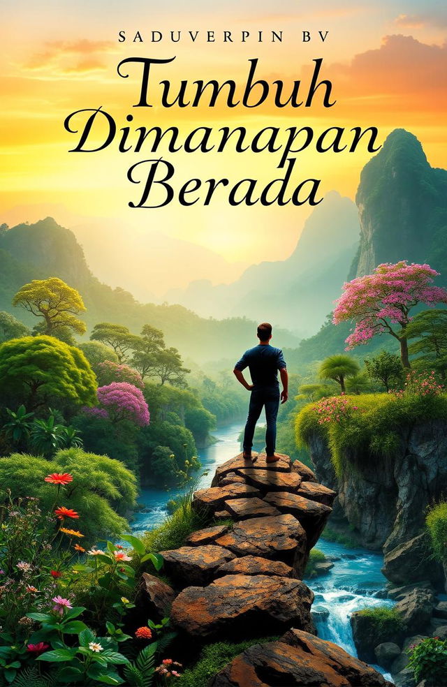 A captivating book cover for a novel titled 'Tumbuh Dimanapun Berada'