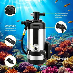 A detailed illustration of a mini scuba tank designed for diving, showcasing its various materials