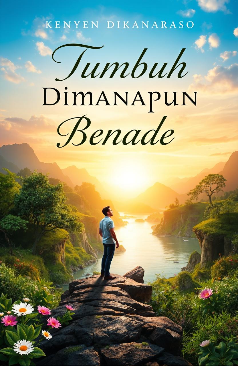 A captivating book cover for a novel titled 'Tumbuh Dimanapun Berada'