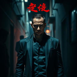 A cinematic movie cover for the film titled '😃', featuring a calm yet menacing vigilante man