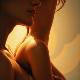 A close-up shot of a beautifully detailed and realistic painting depicting a sensual and intimate moment, highlighting the delicate and elegant features of a woman's silhouette, surrounded by soft warm lighting that creates a dreamy atmosphere