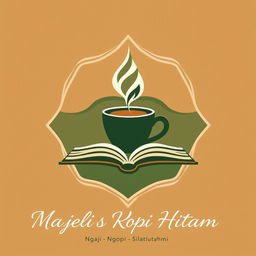 A modern Islamic-themed logo design for 'Majelis Kopi Hitam', combining an image of an open book and a coffee cup