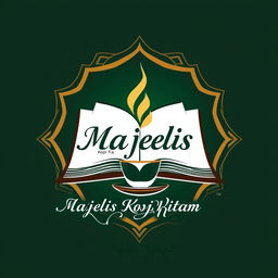 A modern Islamic-themed logo design for 'Majelis Kopi Hitam', combining an image of an open book and a coffee cup