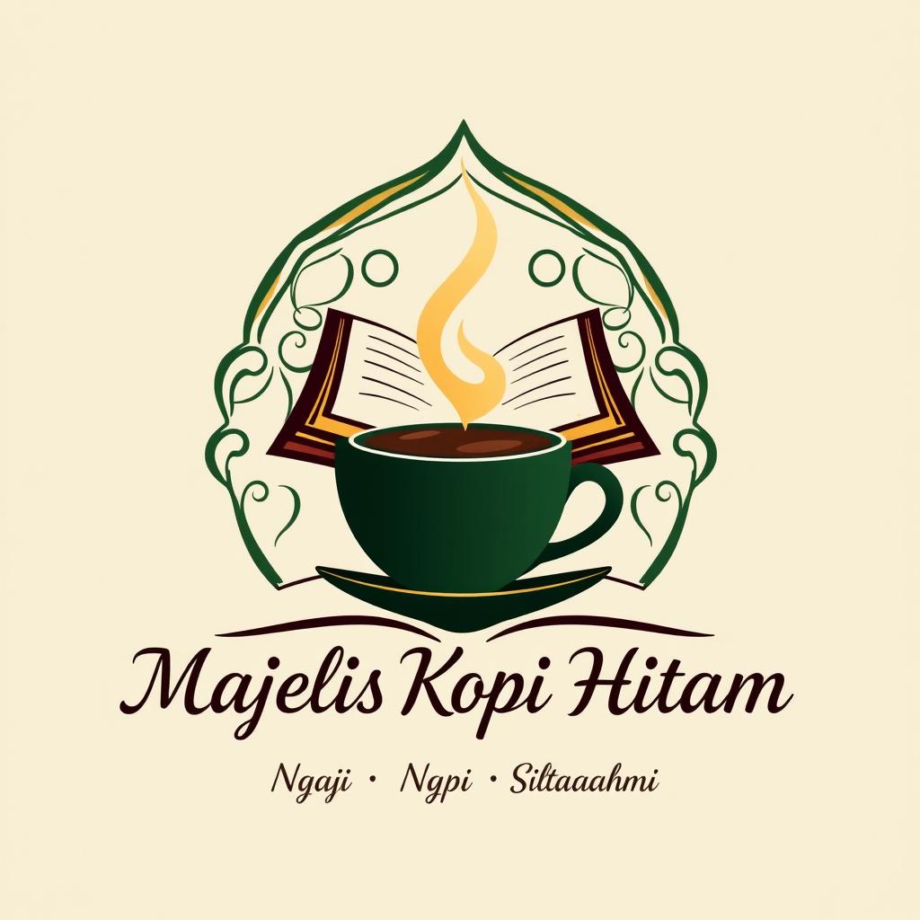 A modern Islamic-themed logo design for 'Majelis Kopi Hitam', combining an image of an open book and a coffee cup