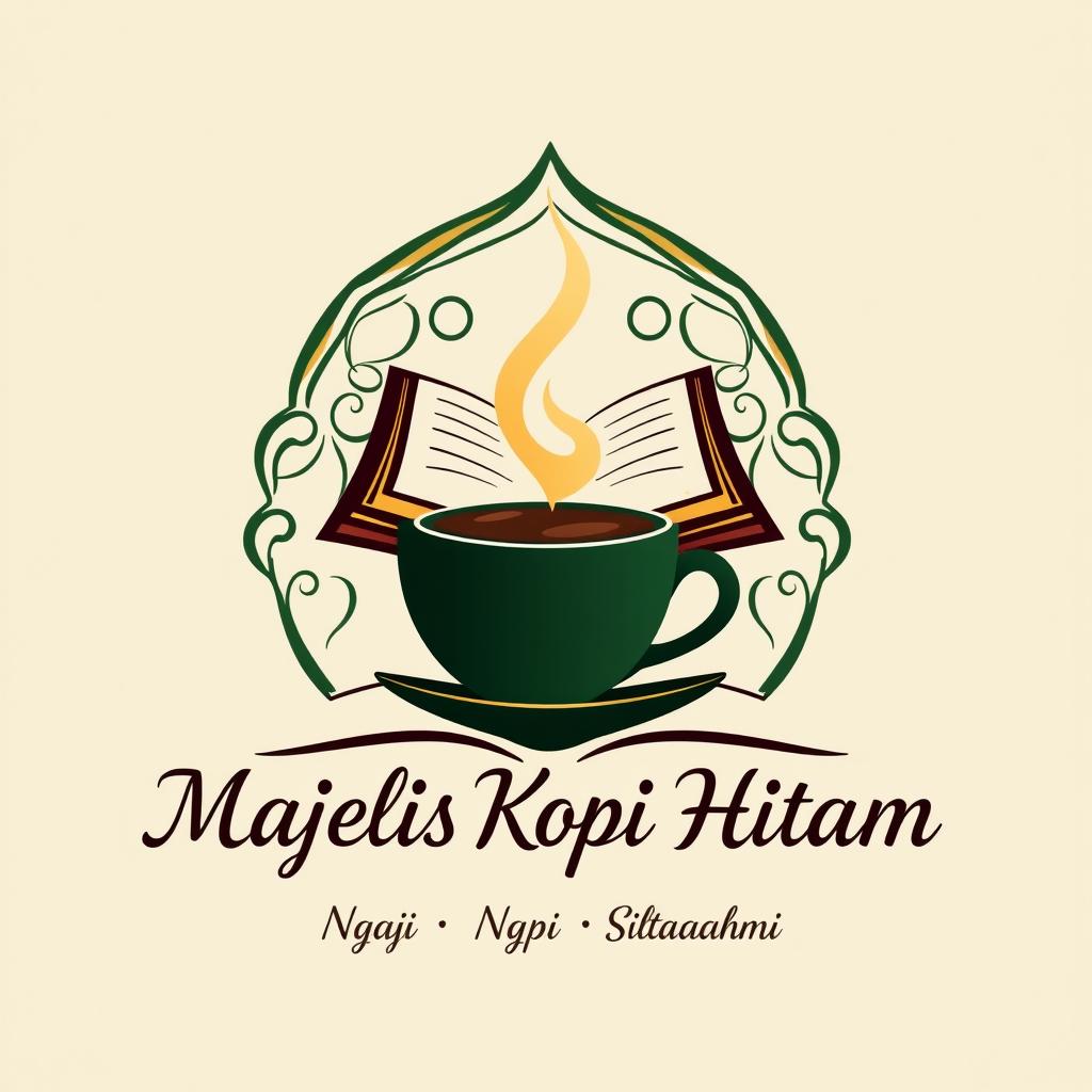 A modern Islamic-themed logo design for 'Majelis Kopi Hitam', combining an image of an open book and a coffee cup