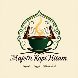 A modern Islamic-themed logo design for 'Majelis Kopi Hitam', combining an image of an open book and a coffee cup