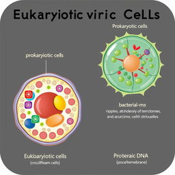Illustration comparing eukaryotic and prokaryotic cells, showing distinct features