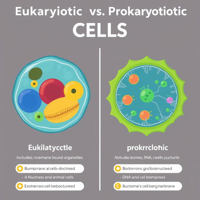 Illustration comparing eukaryotic and prokaryotic cells, showing distinct features