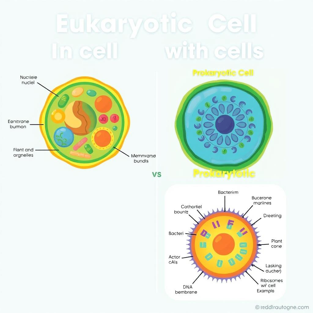 Illustration comparing eukaryotic and prokaryotic cells, showing distinct features