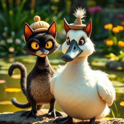A whimsical scene featuring a charming, plump father goose wearing a small, playful hat, standing proudly