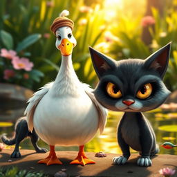 A whimsical scene featuring a charming, plump father goose wearing a small, playful hat, standing proudly
