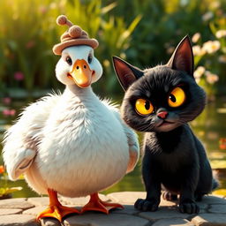A whimsical scene featuring a charming, plump father goose wearing a small, playful hat, standing proudly