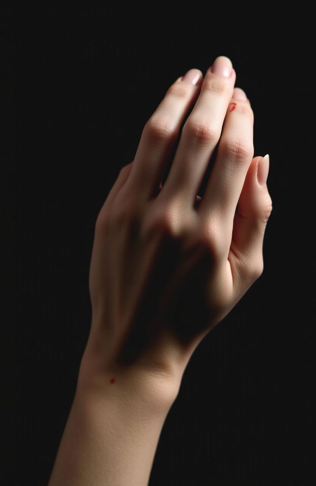 A close-up of a delicate and elegant feminine hand against a solid black background