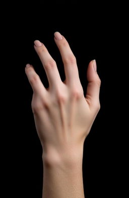 A close-up of a delicate and elegant feminine hand against a solid black background