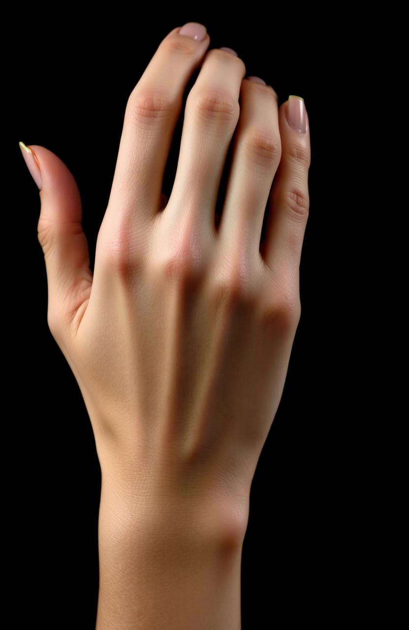 A close-up of a delicate and elegant feminine hand against a solid black background