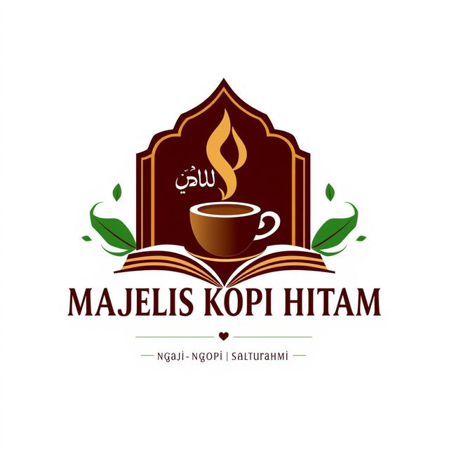 Create a logo with an Islamic and modern aesthetic, combining images of a book and a coffee cup