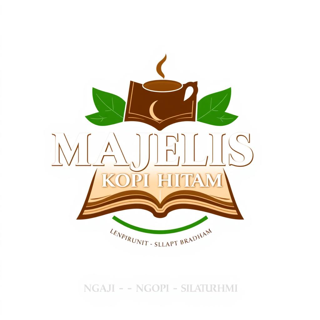 Create a logo with an Islamic and modern aesthetic, combining images of a book and a coffee cup