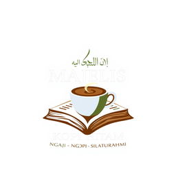 Create a logo with an Islamic and modern aesthetic, combining images of a book and a coffee cup