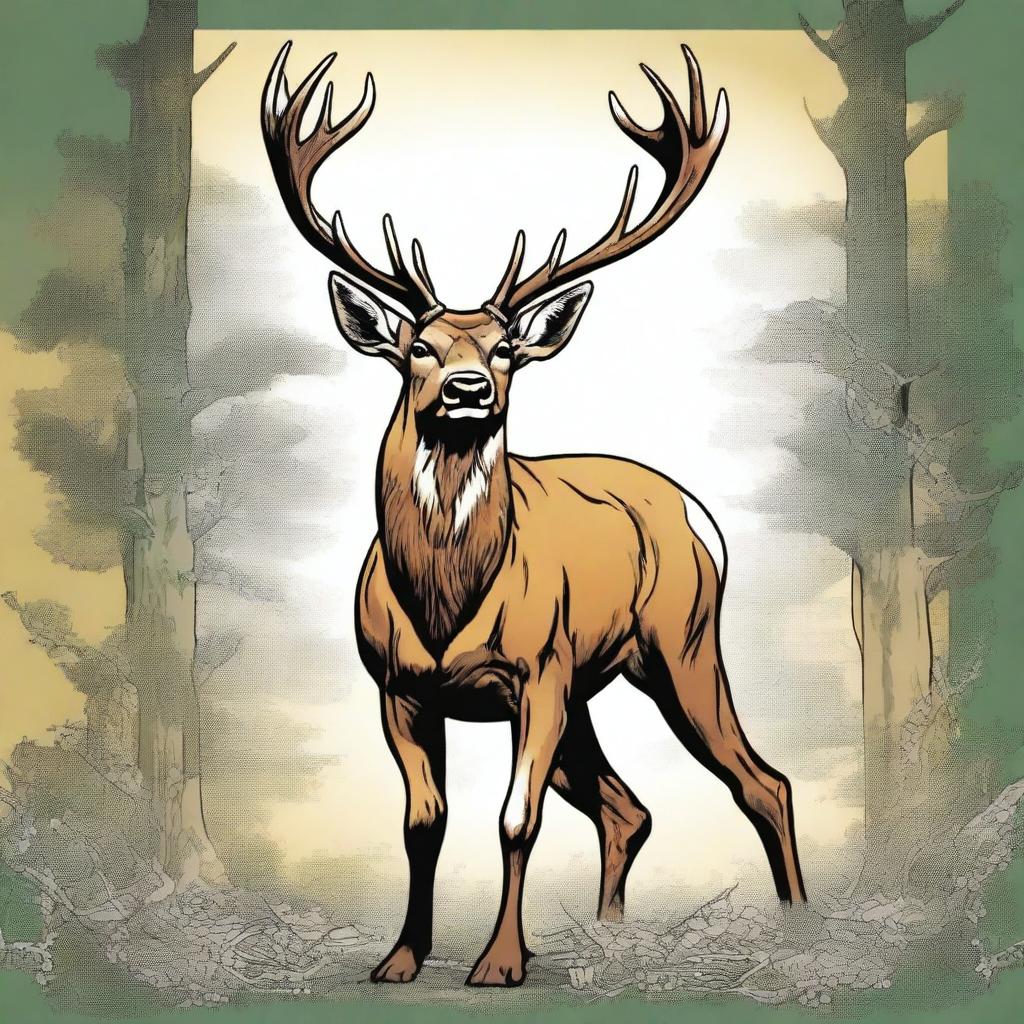 A high-quality comic-style digital art image of a majestic, full-bodied deer facing forward