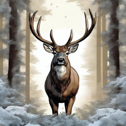 A high-quality comic-style digital art image of a majestic, full-bodied deer facing forward