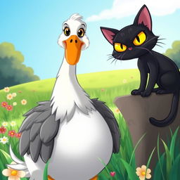 A whimsical and colorful scene featuring a father goose and a fierce black cat with bulging yellow eyes