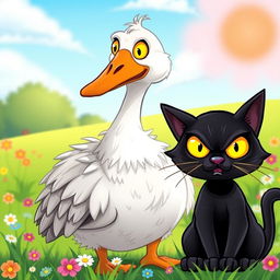 A whimsical and colorful scene featuring a father goose and a fierce black cat with bulging yellow eyes
