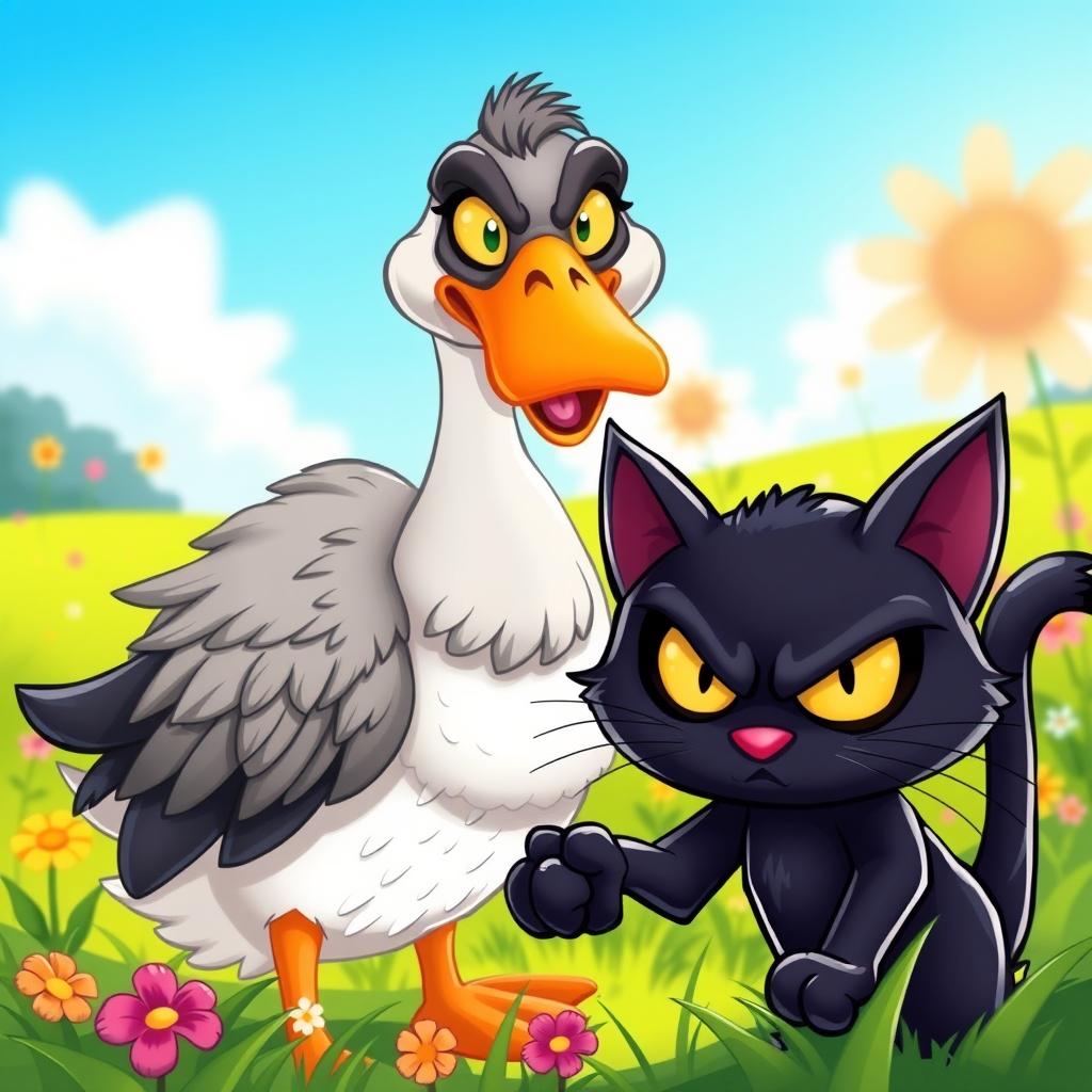 A whimsical and colorful scene featuring a father goose and a fierce black cat with bulging yellow eyes