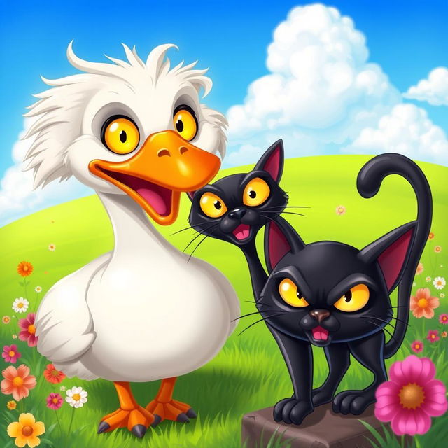 A whimsical and colorful scene featuring a father goose and a fierce black cat with bulging yellow eyes