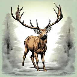 A high-quality comic-style digital art image of a majestic, full-bodied deer facing forward