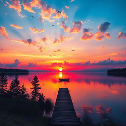 A breathtaking sunset over a serene lake, reflecting vibrant colors of orange, pink, and purple in the water