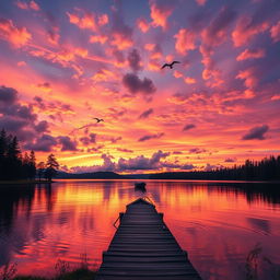 A breathtaking sunset over a serene lake, reflecting vibrant colors of orange, pink, and purple in the water