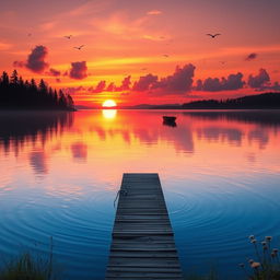 A breathtaking sunset over a serene lake, reflecting vibrant colors of orange, pink, and purple in the water