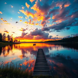 A breathtaking sunset over a serene lake, reflecting vibrant colors of orange, pink, and purple in the water