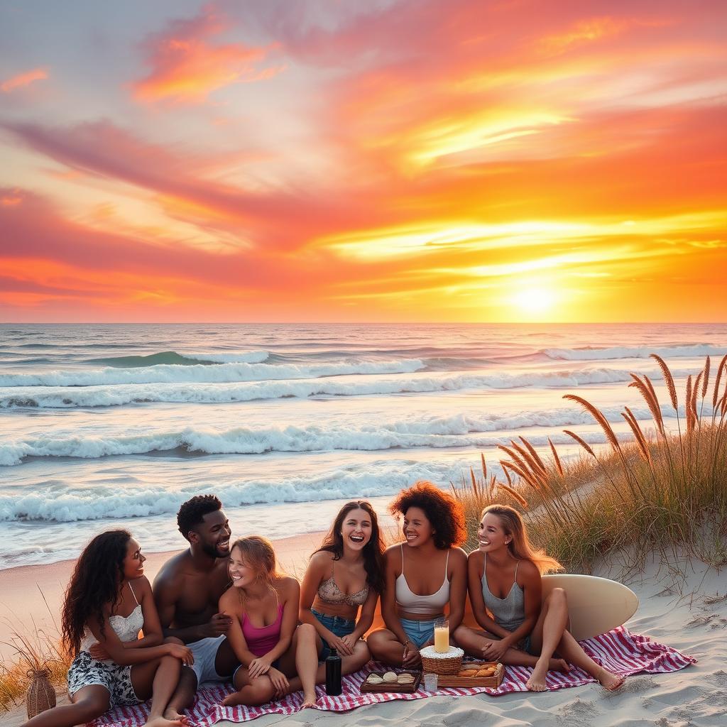 A scenic landscape inspired by the Outer Banks, featuring the ocean's waves gently crashing against the shore under a vibrant sunset