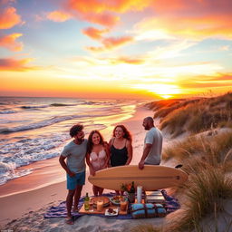 A scenic landscape inspired by the Outer Banks, featuring the ocean's waves gently crashing against the shore under a vibrant sunset