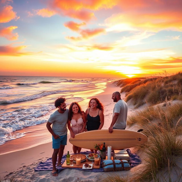 A scenic landscape inspired by the Outer Banks, featuring the ocean's waves gently crashing against the shore under a vibrant sunset