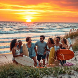 A scenic landscape inspired by the Outer Banks, featuring the ocean's waves gently crashing against the shore under a vibrant sunset