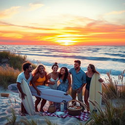 A scenic landscape inspired by the Outer Banks, featuring the ocean's waves gently crashing against the shore under a vibrant sunset
