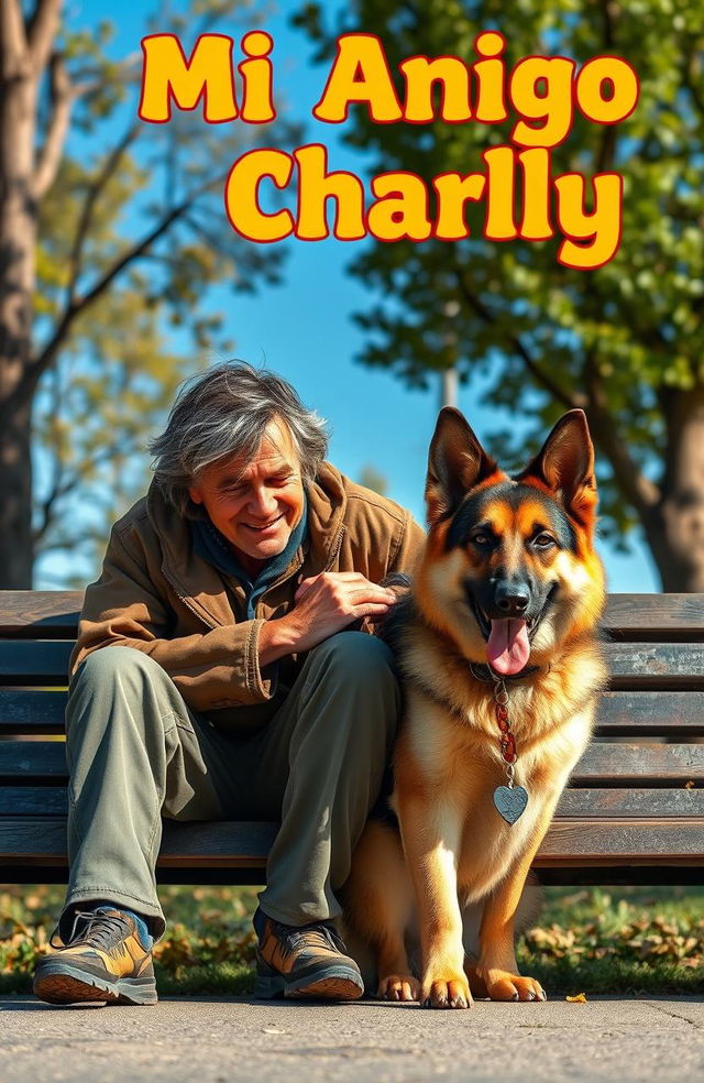 A heartwarming scene featuring a German Shepherd next to a man who appears disheveled and homeless, sitting together on a park bench