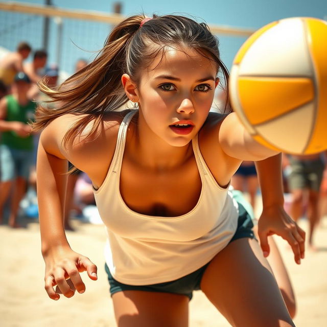 A dynamic scene featuring a volleyball girl, showcasing her athleticism and competitive spirit on the court