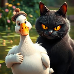 A whimsical scene featuring a charming, plump father goose wearing a small, playful hat, standing proudly