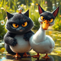 A whimsical scene featuring a charming, plump father goose wearing a small, playful hat, standing proudly